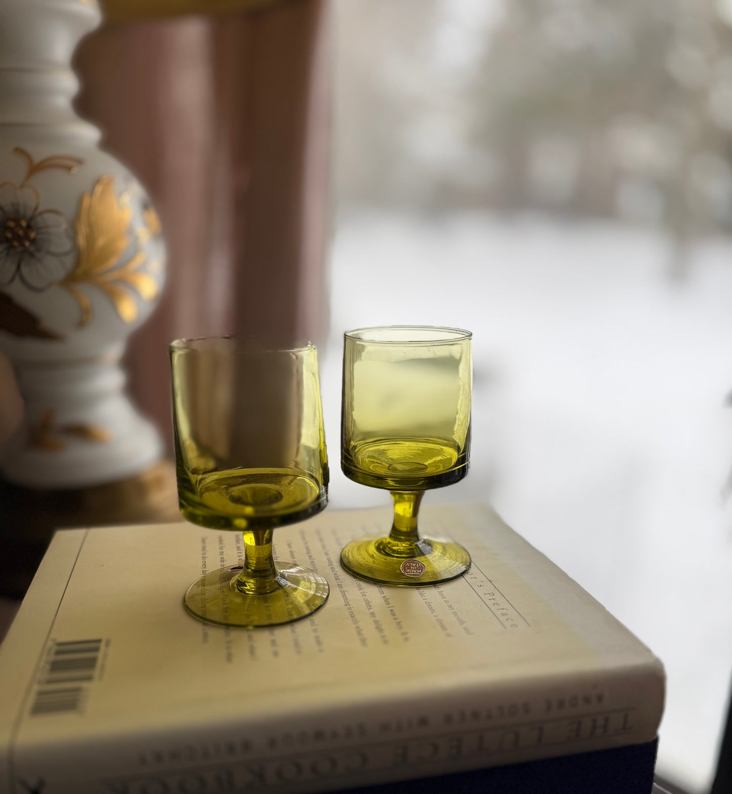 Vintage MCM Blown glass olive green cocktail goblets made in Italy (OTTV 1779) priced individually 4 available, pitcher sold out