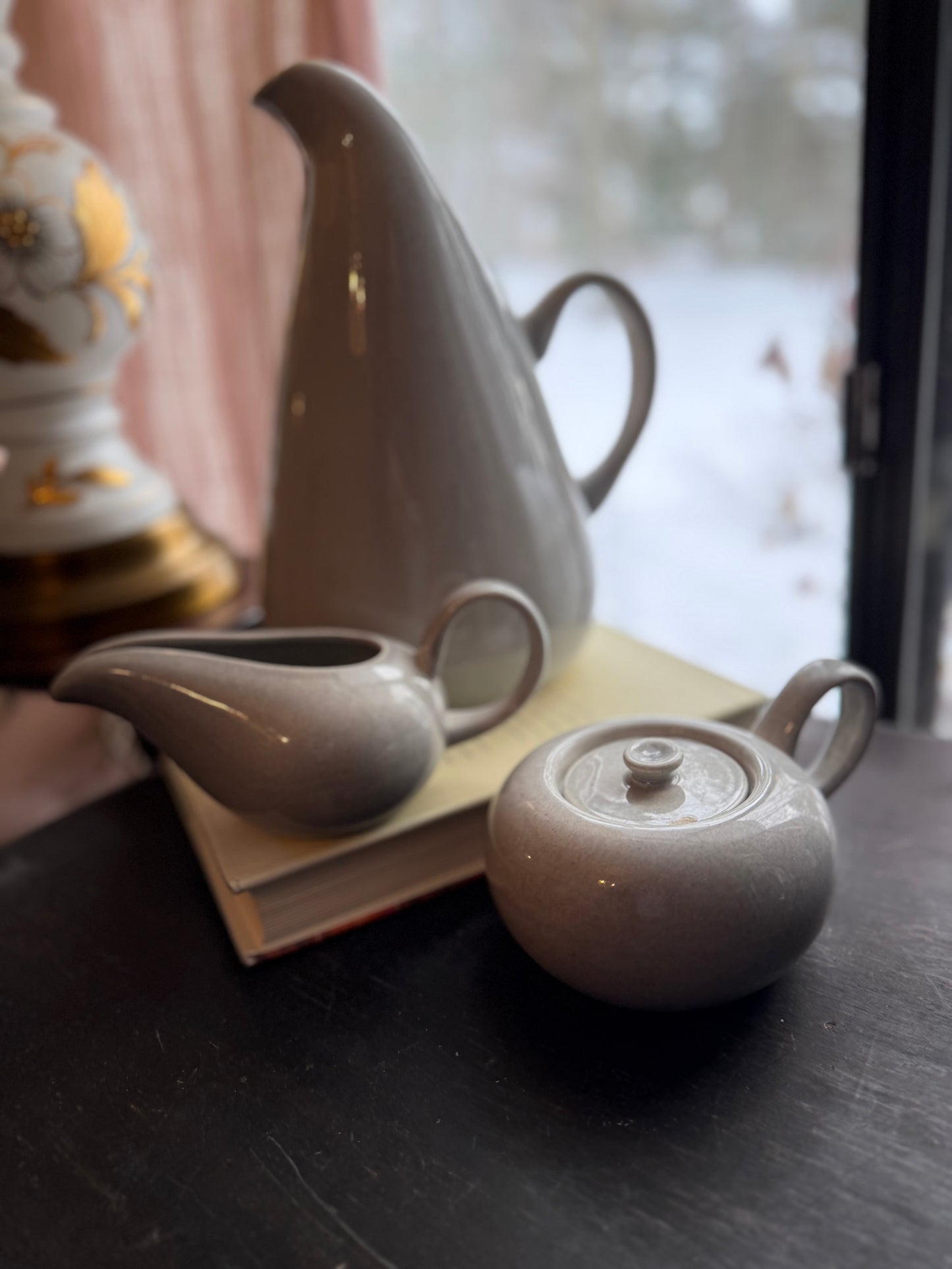 Steubenville Pottery (American Modern line) Russel Wright Gray Bundle includes Mid Century Modern Pitcher + Creamer & Sugar set
