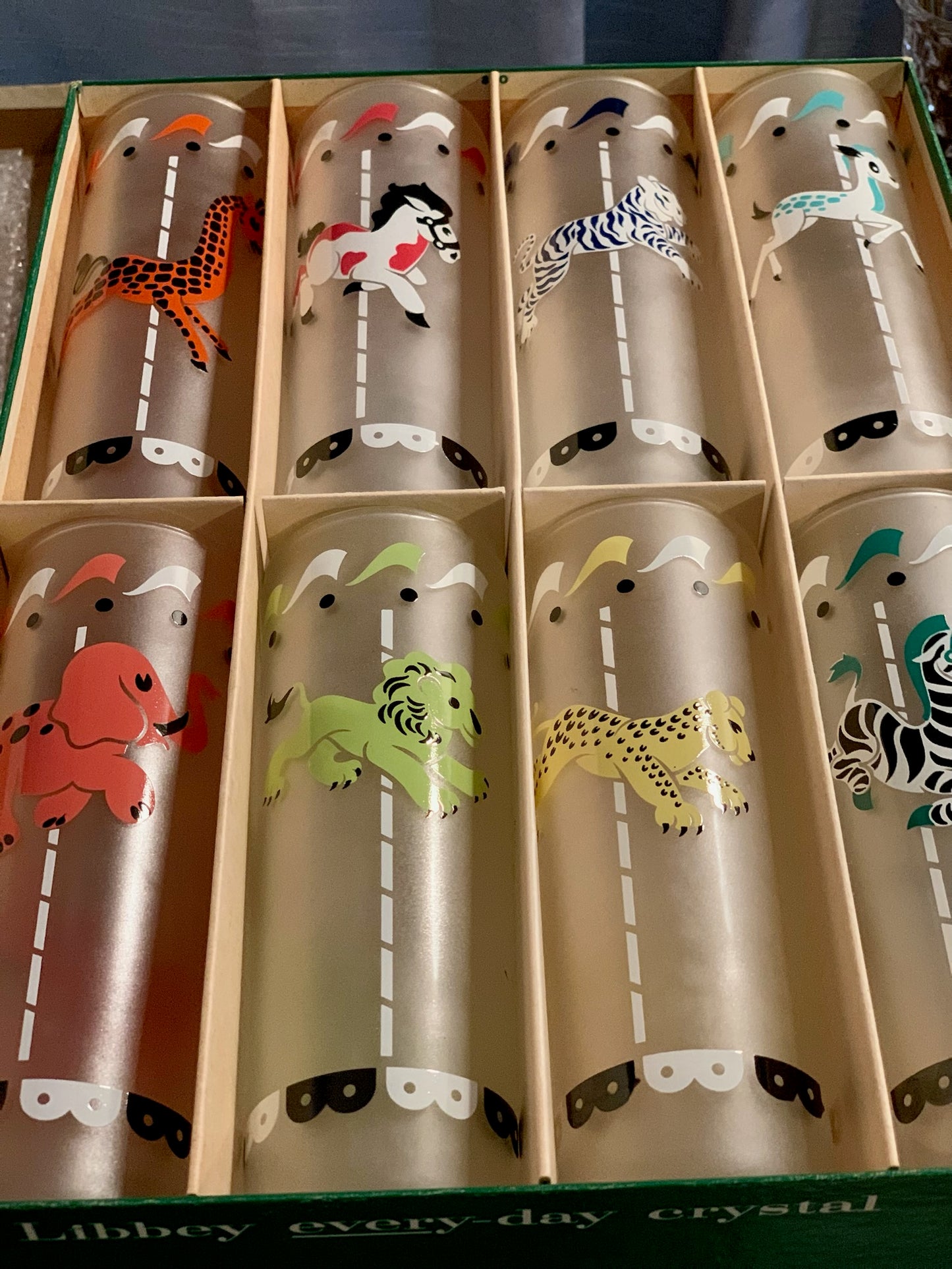 Libbey Everyday Crystal Set Of 8 Merry Go Round Hostess Set Animal Glasses 1950's in box (OTTV 2214) priced as in box set
