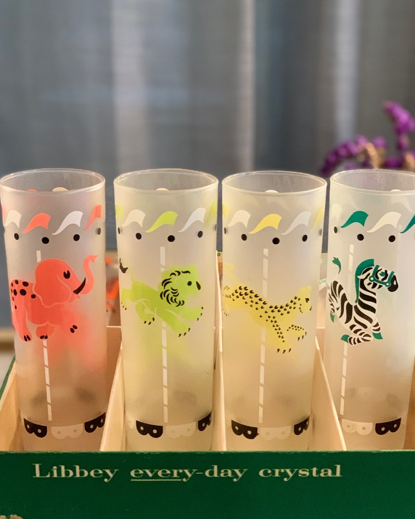 Libbey Everyday Crystal Set Of 8 Merry Go Round Hostess Set Animal Glasses 1950's in box (OTTV 2214) priced as in box set
