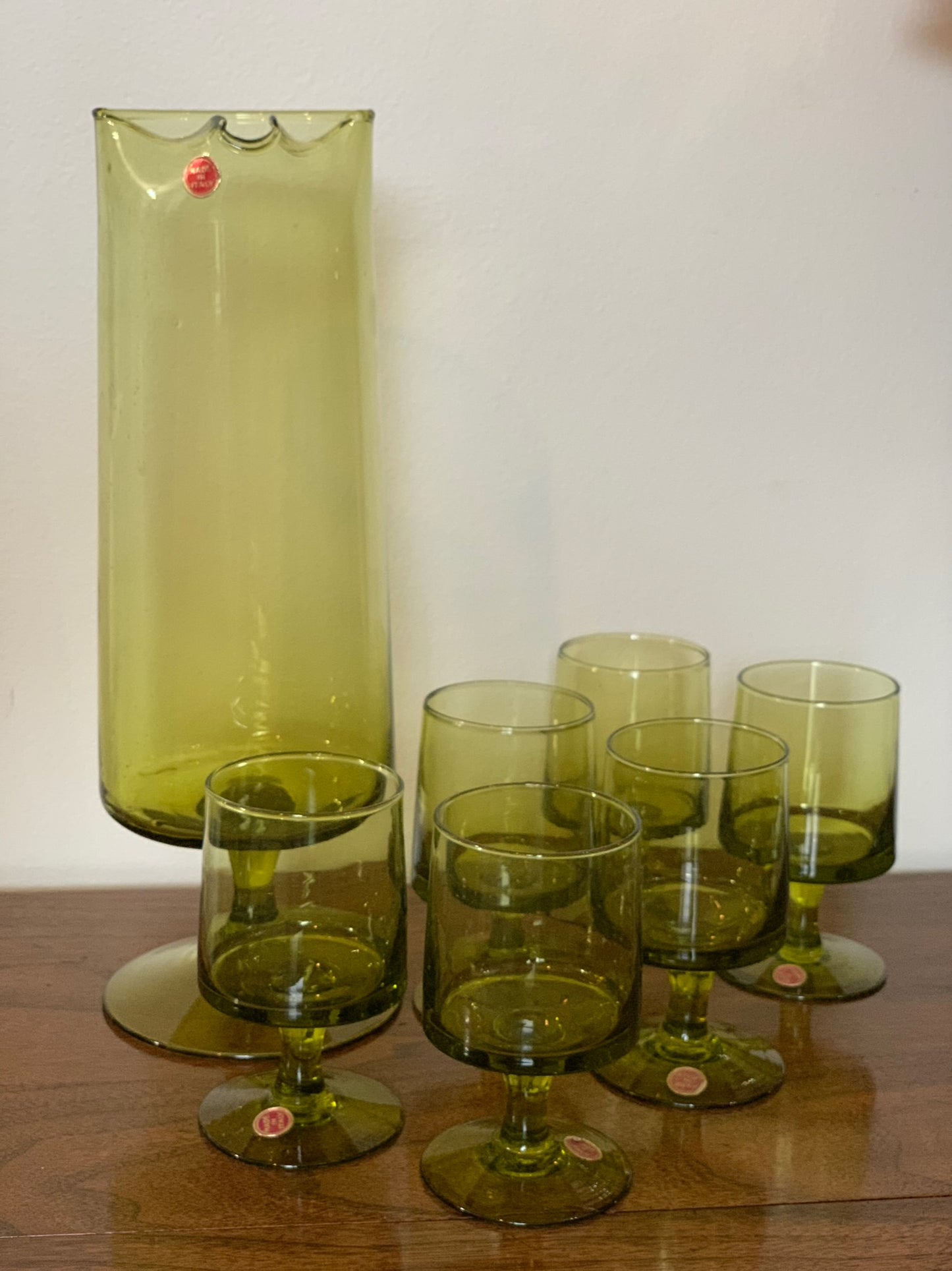 Vintage MCM Blown glass olive green cocktail goblets made in Italy (OTTV 1779) priced individually 6 available, pitcher sold out