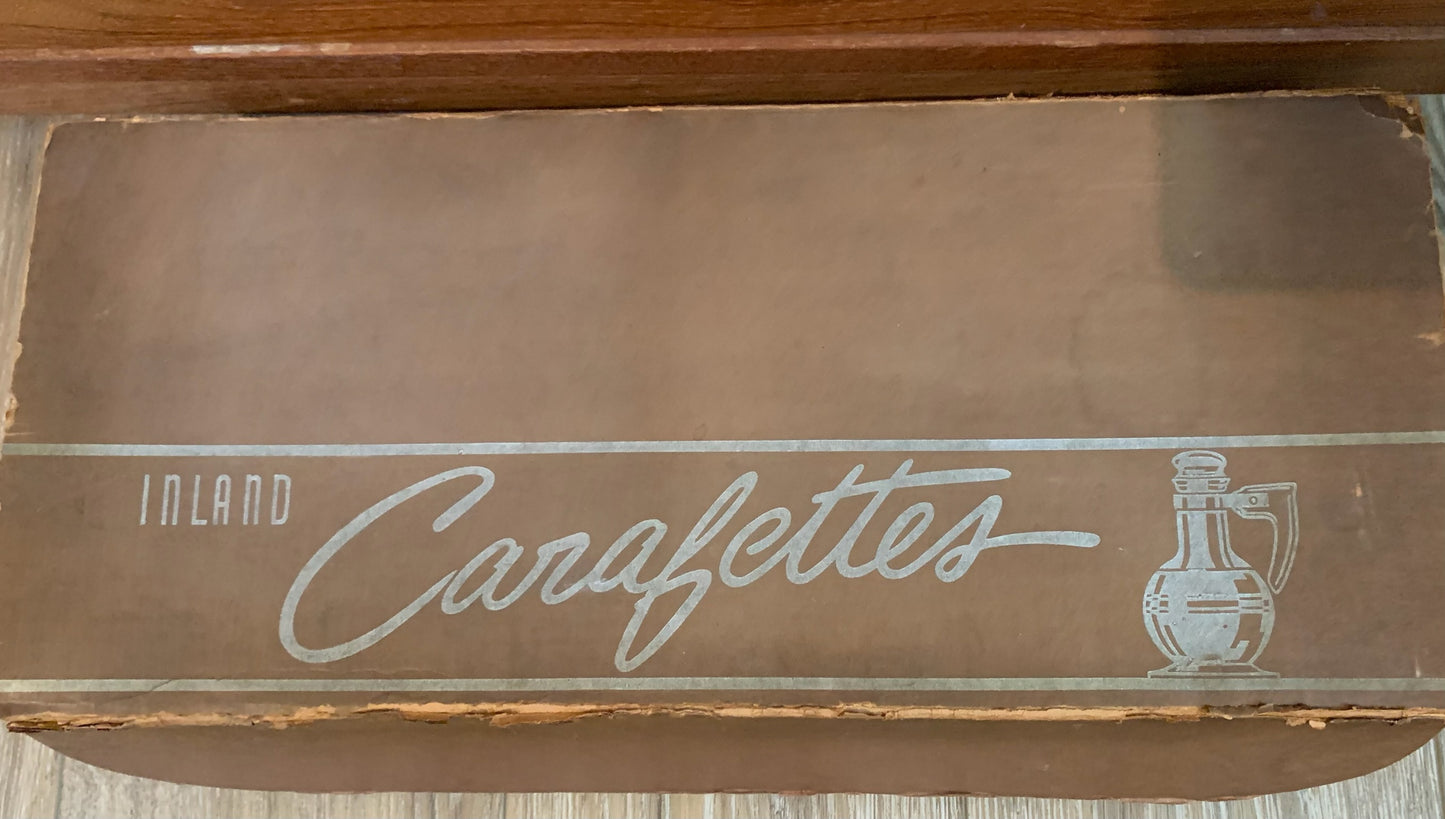 Inland Glass Large Carafe and IN BOX set of 4 Carafettes with original coasters & Stoppers - priced individually