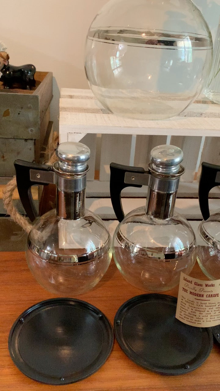 Inland Glass Large Carafe and IN BOX set of 4 Carafettes with original coasters & Stoppers - priced individually
