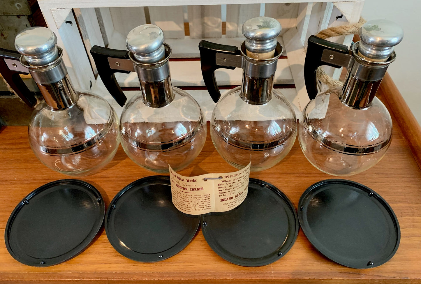 Inland Glass Large Carafe and IN BOX set of 4 Carafettes with original coasters & Stoppers - priced individually