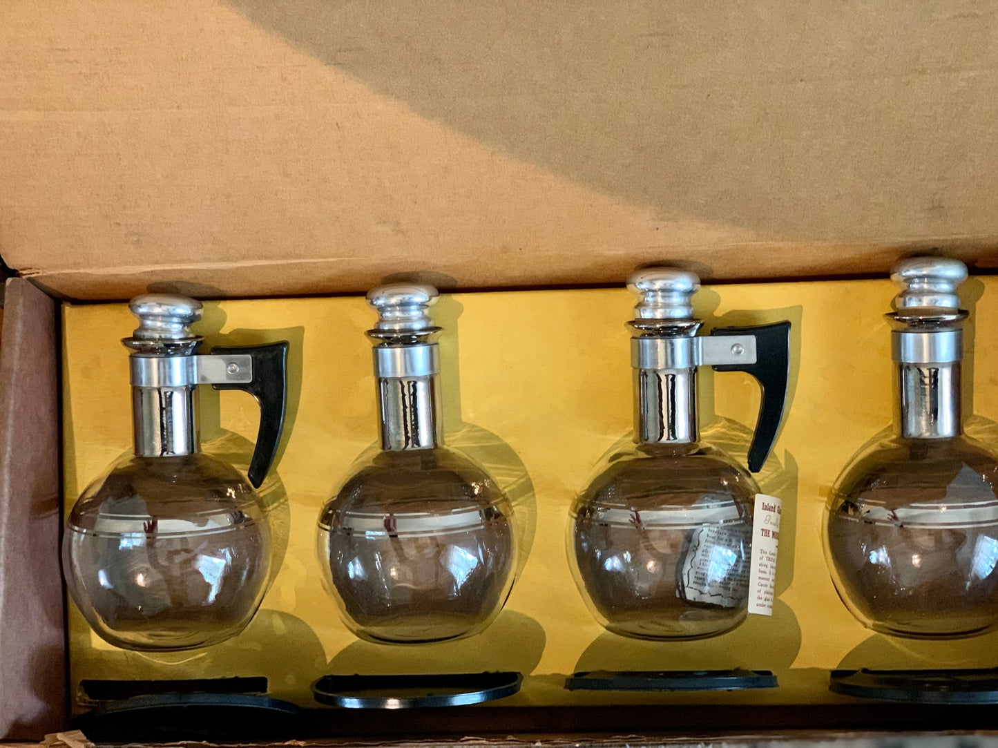 Inland Glass Large Carafe and IN BOX set of 4 Carafettes with original coasters & Stoppers - priced individually