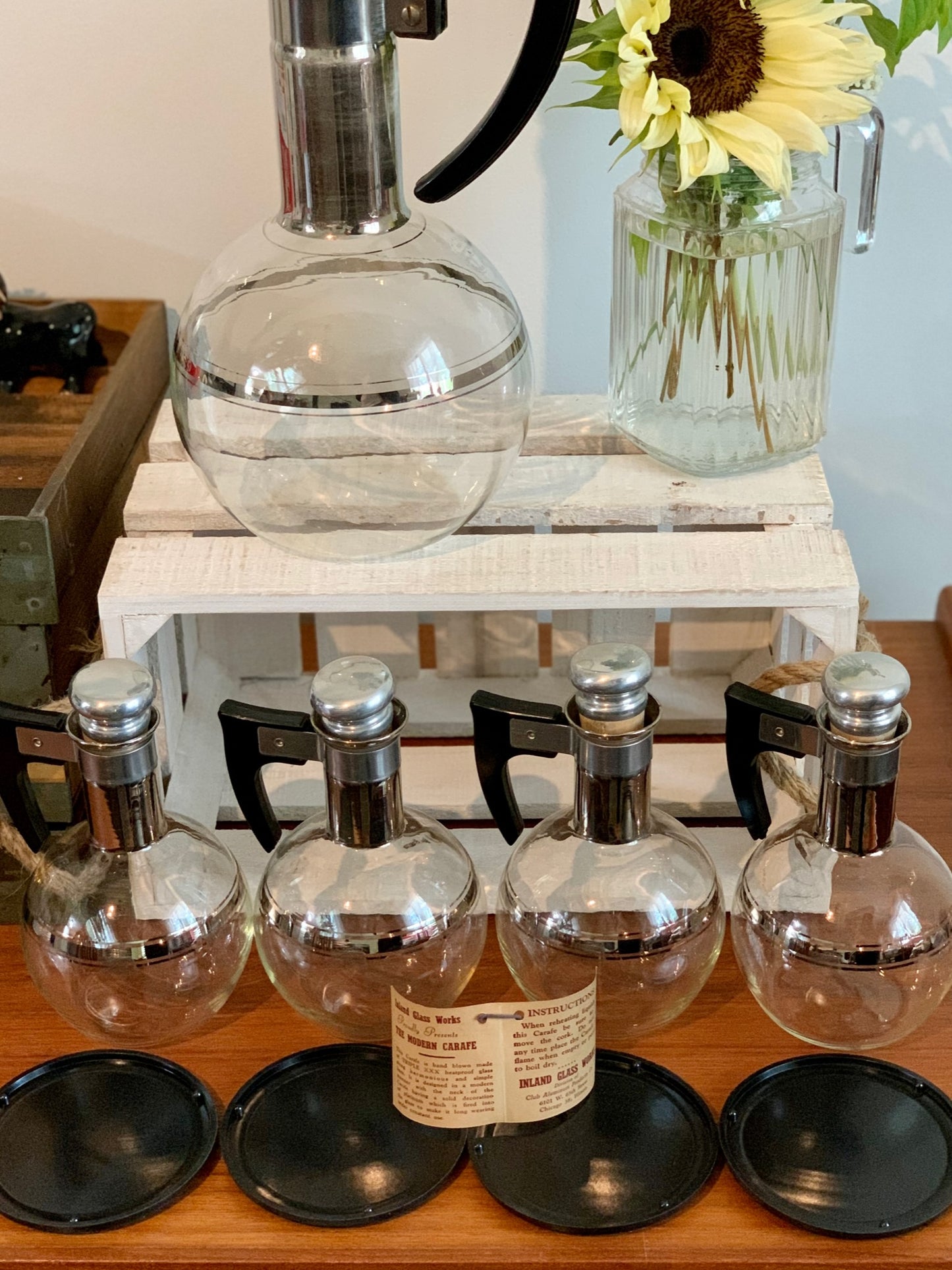 Inland Glass Large Carafe and IN BOX set of 4 Carafettes with original coasters & Stoppers - priced individually