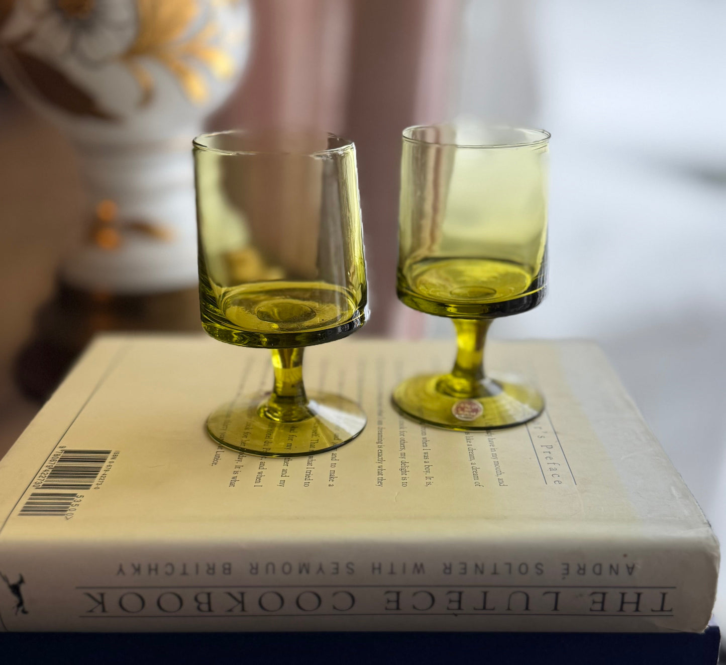 Vintage MCM Blown glass olive green cocktail goblets made in Italy (OTTV 1779) priced individually 4 available, pitcher sold out