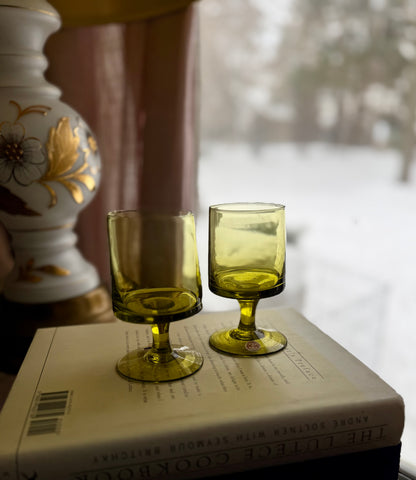 Vintage MCM Blown glass olive green cocktail goblets made in Italy (OTTV 1779) priced individually 4 available, pitcher sold out