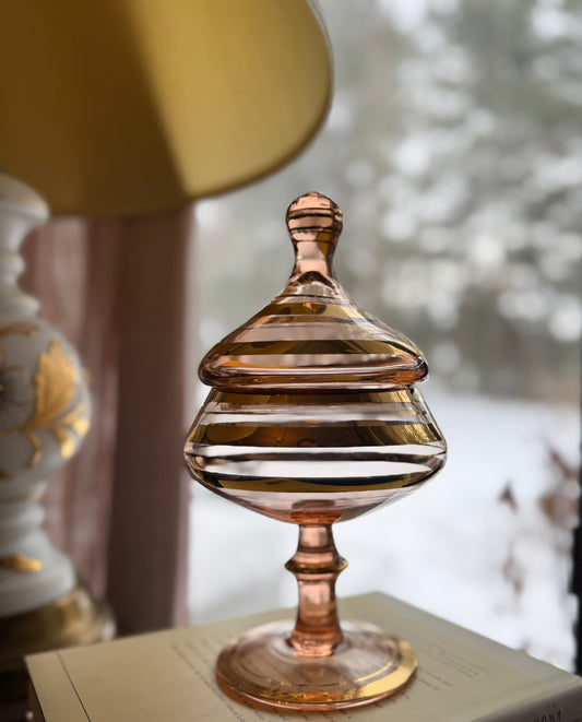 Bohemian Blush Pink & Gold Striped Apothecary jar / Covered Candy dish