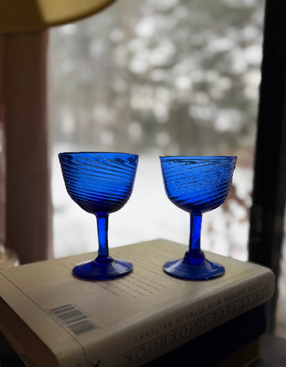 Cobalt Blue Optic Twist Hand Blown wine glasses SET of 6