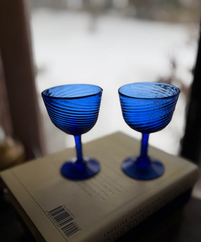 Cobalt Blue Optic Twist Hand Blown wine glasses SET of 6