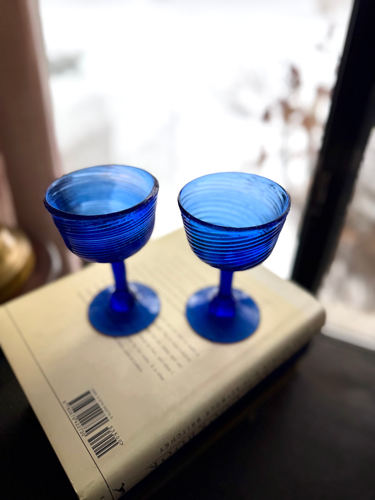 Cobalt Blue Optic Twist Hand Blown wine glasses SET of 6