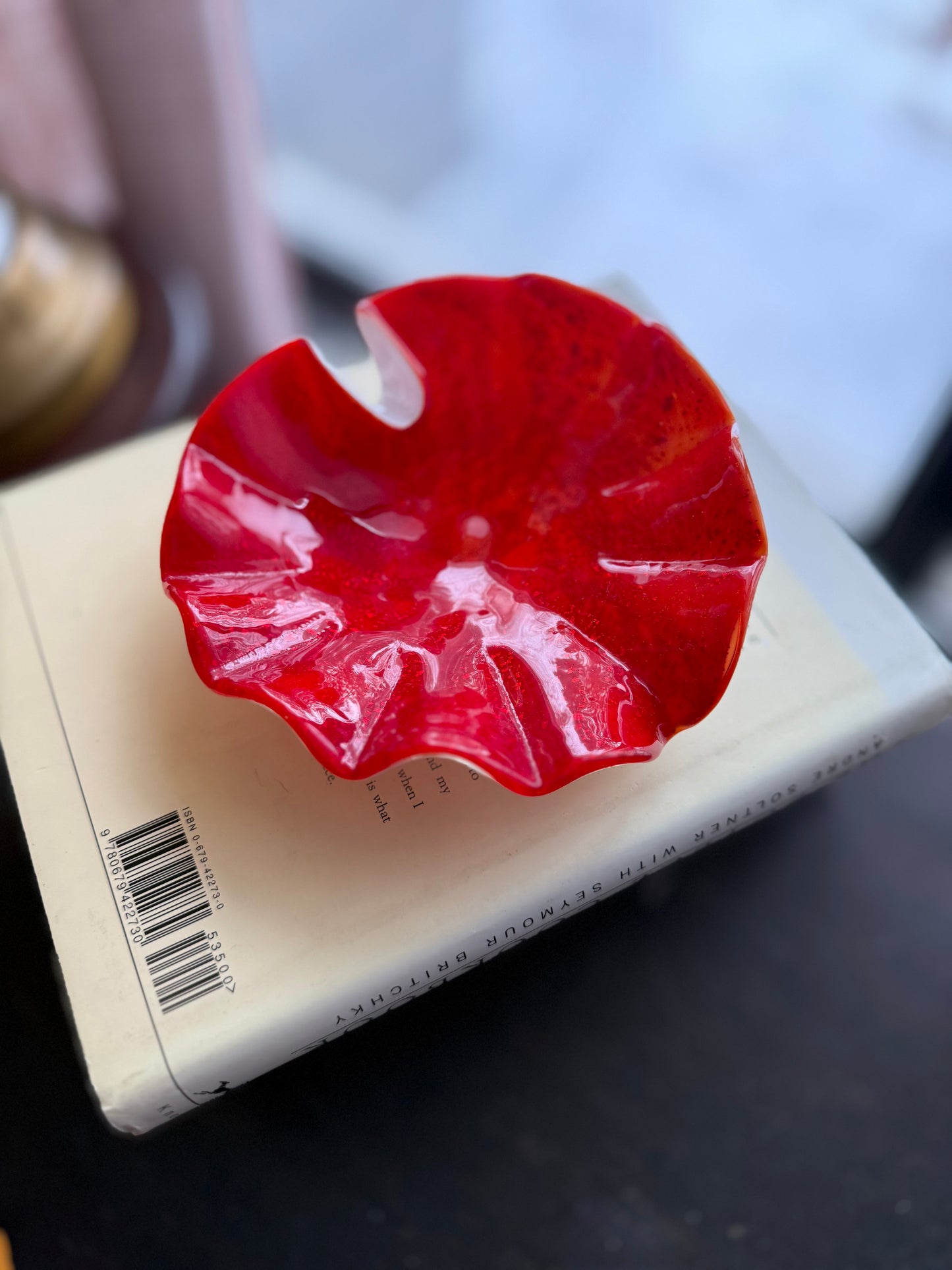 Hand Blown Art Glass red cased murano glass50s 60s red speckled white cased