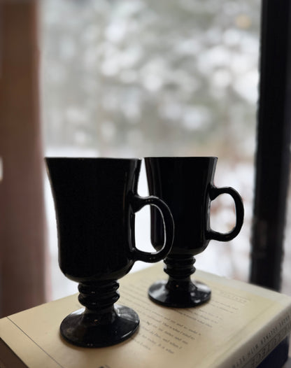 Pair Black Amethyst Glass Irish Coffee Mugs Libbey