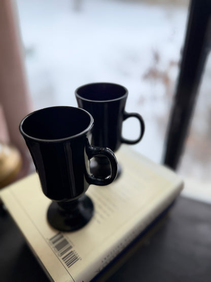 Pair Black Amethyst Glass Irish Coffee Mugs Libbey