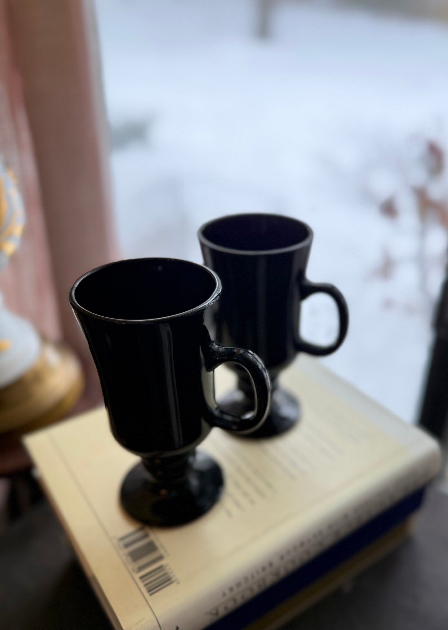 Pair Black Amethyst Glass Irish Coffee Mugs Libbey