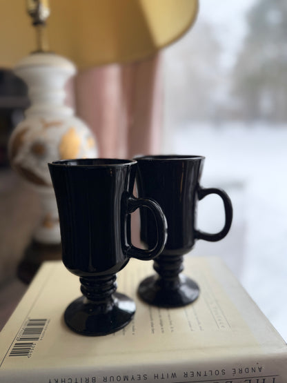 Pair Black Amethyst Glass Irish Coffee Mugs Libbey