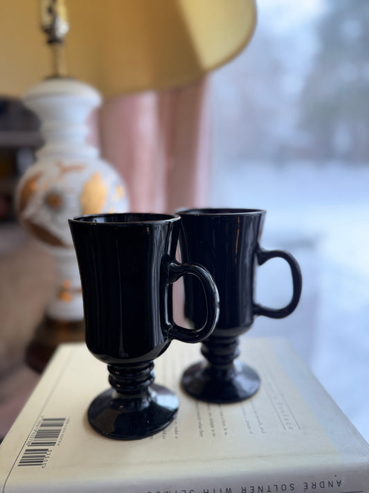Pair Black Amethyst Glass Irish Coffee Mugs Libbey