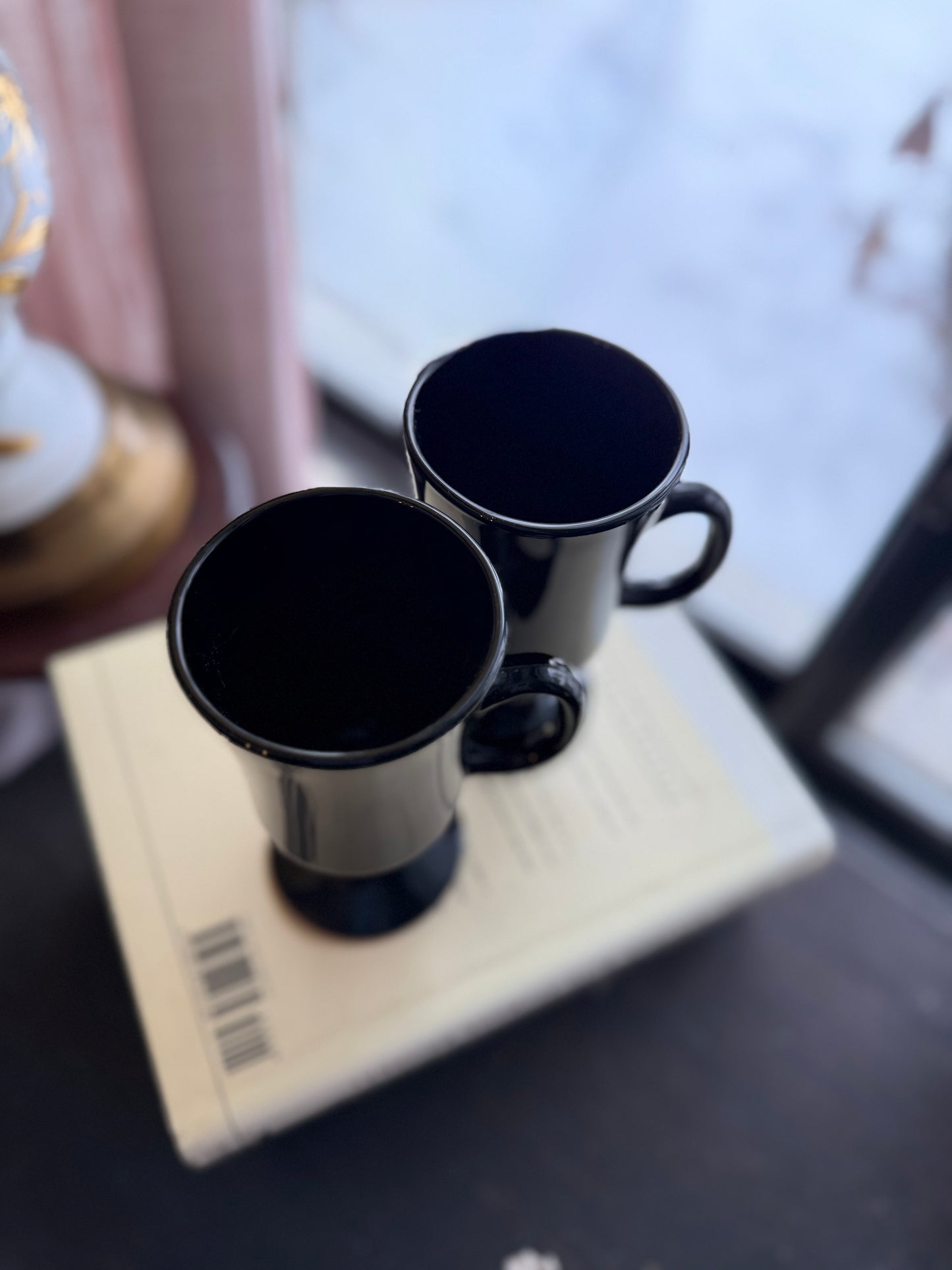 Pair Black Amethyst Glass Irish Coffee Mugs Libbey