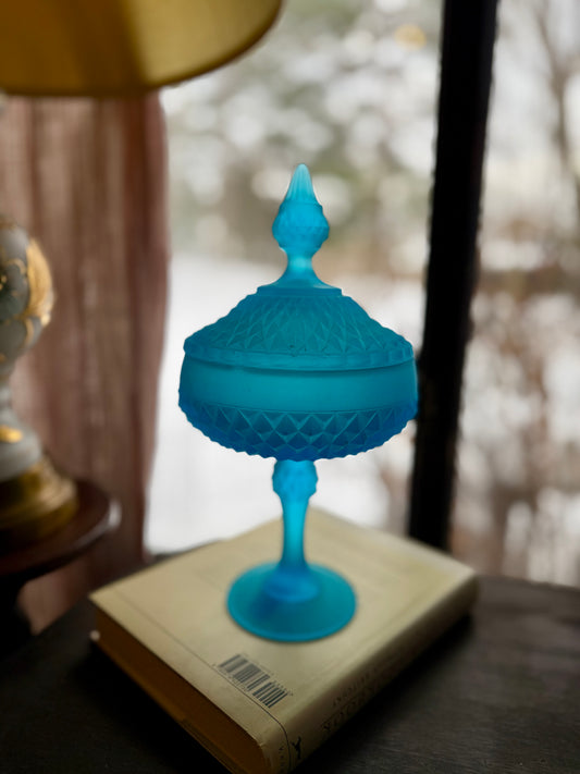 Vintage Indiana Glass Blue Satin Diamond Pattern Lidded Pedestal Candy Dish