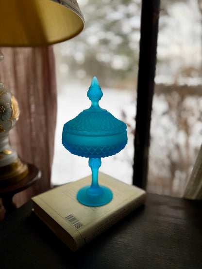 Vintage Indiana Glass Blue Satin Diamond Pattern Lidded Pedestal Candy Dish