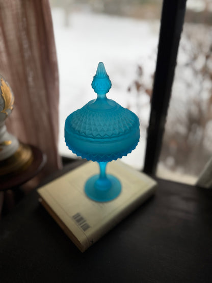 Vintage Indiana Glass Blue Satin Diamond Pattern Lidded Pedestal Candy Dish