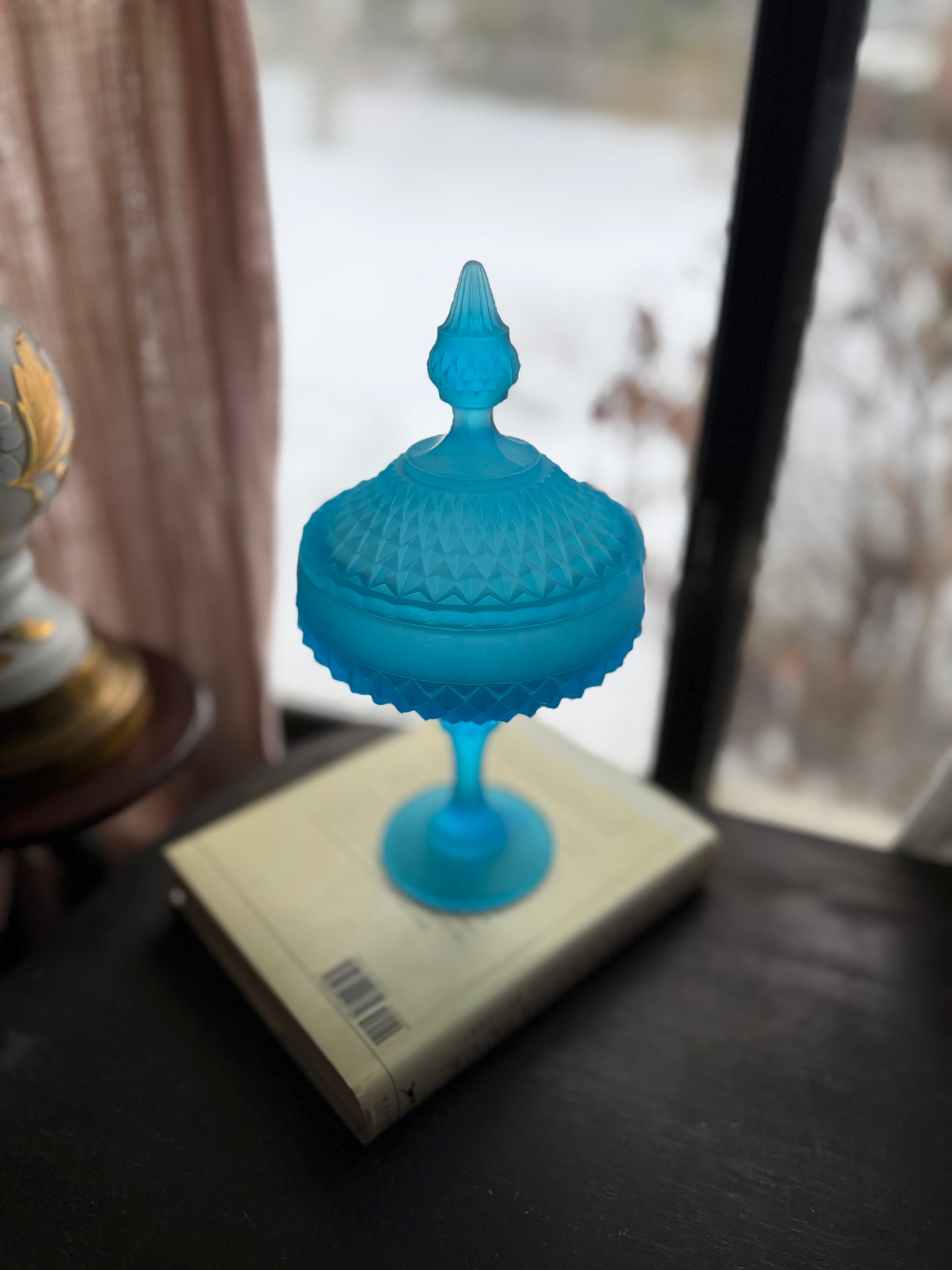 Vintage Indiana Glass Blue Satin Diamond Pattern Lidded Pedestal Candy Dish