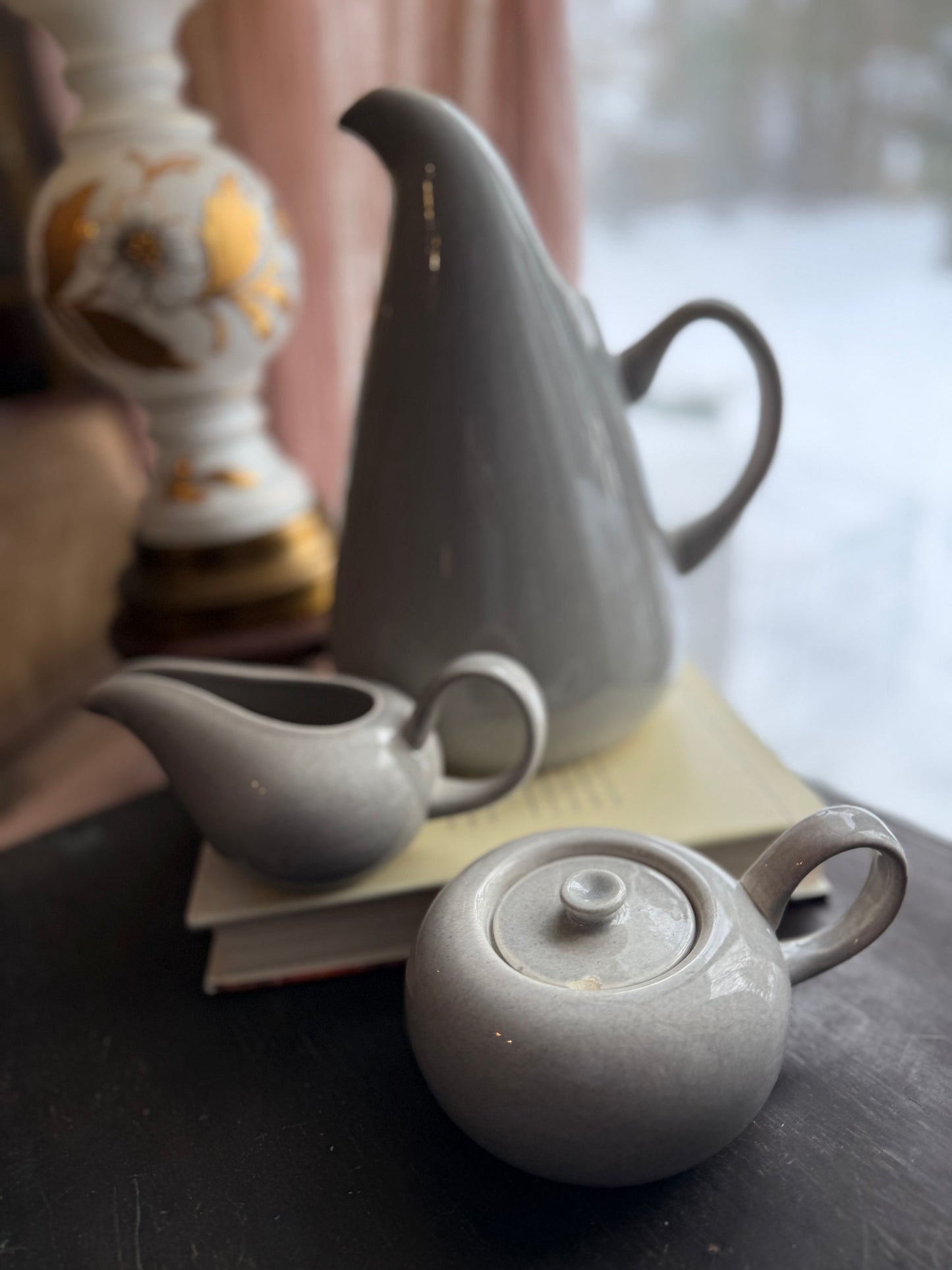 Steubenville Pottery (American Modern line) Russel Wright Gray Bundle includes Mid Century Modern Pitcher + Creamer & Sugar set