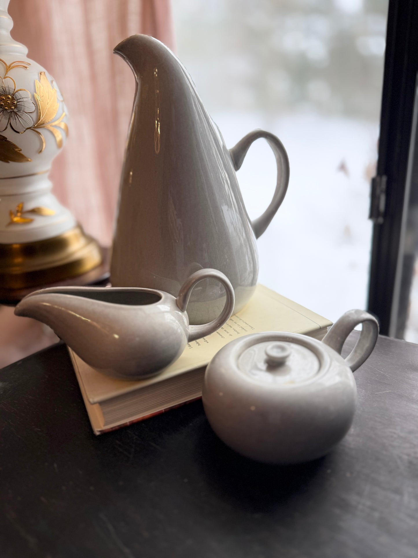Steubenville Pottery (American Modern line) Russel Wright Gray Bundle includes Mid Century Modern Pitcher + Creamer & Sugar set