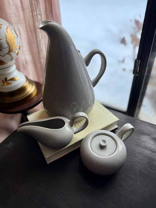 Steubenville Pottery (American Modern line) Russel Wright Gray Bundle includes Mid Century Modern Pitcher + Creamer & Sugar set