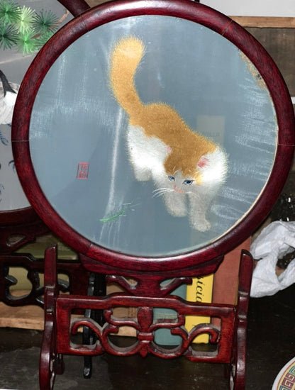 Double sided embroidered silk screens on ornate carved wood stands - priced individually