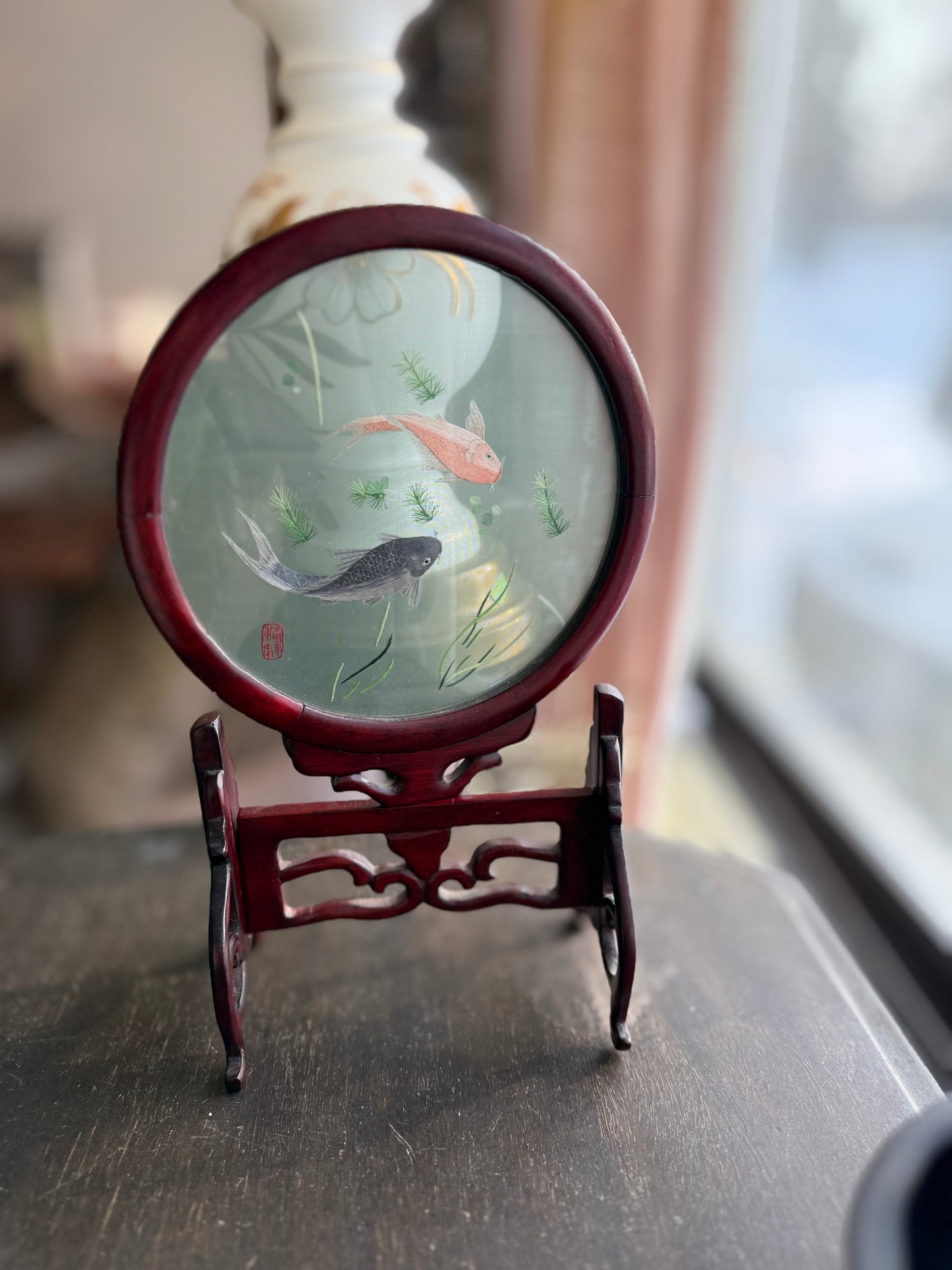 Double sided embroidered silk screens on ornate carved wood stands - priced individually