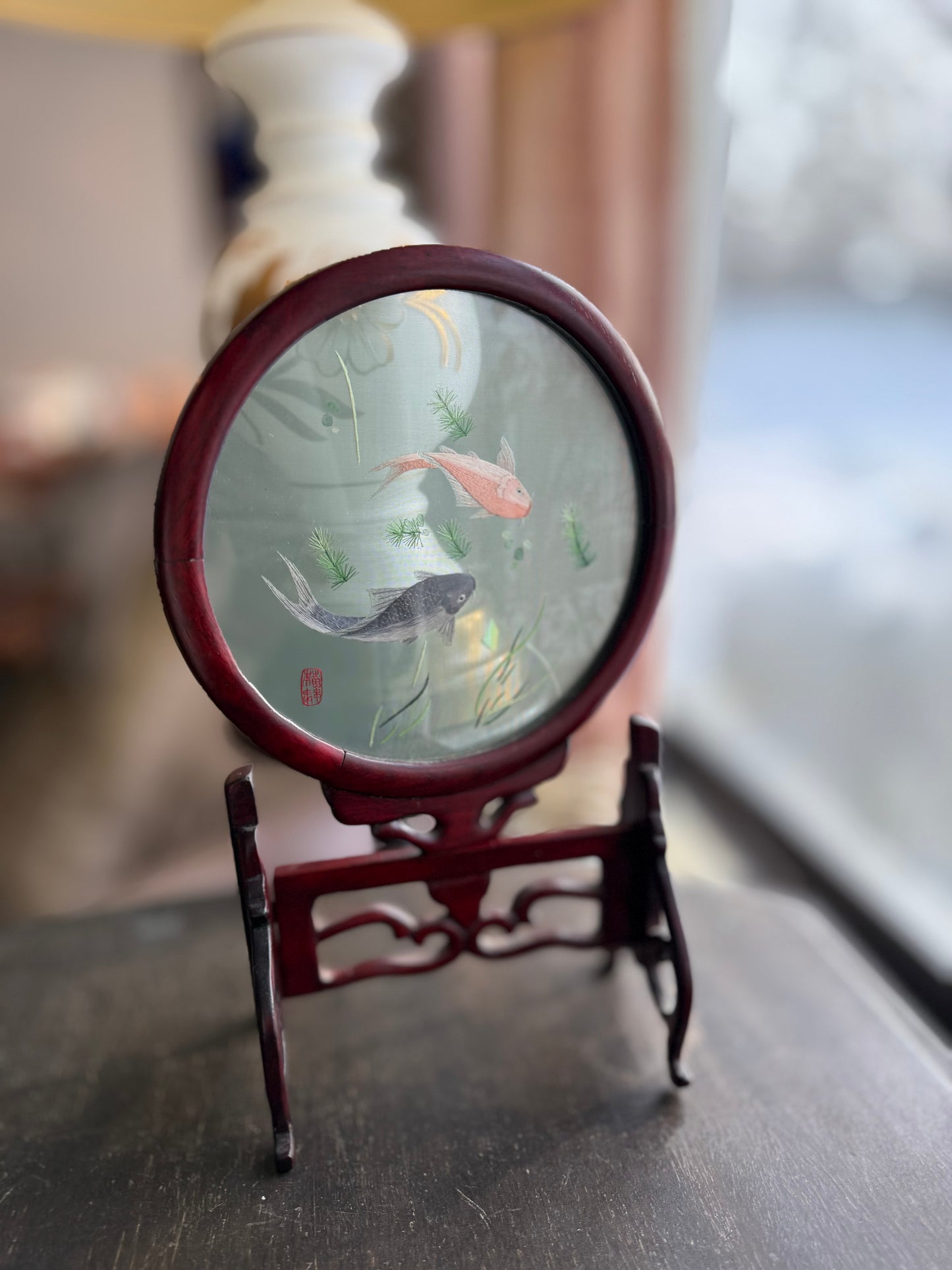 Double sided embroidered silk screens on ornate carved wood stands - priced individually