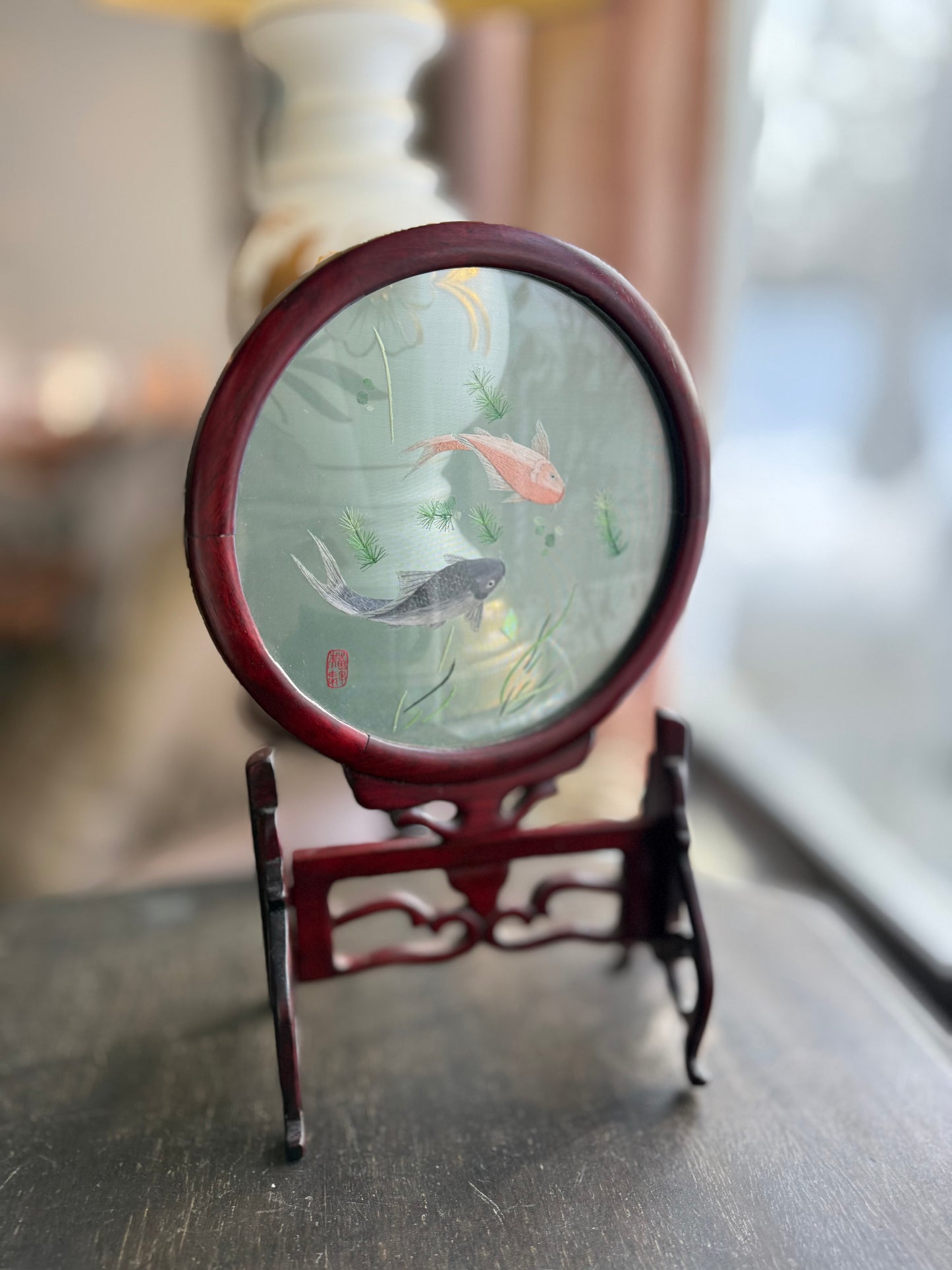 Double sided embroidered silk screens on ornate carved wood stands - priced individually