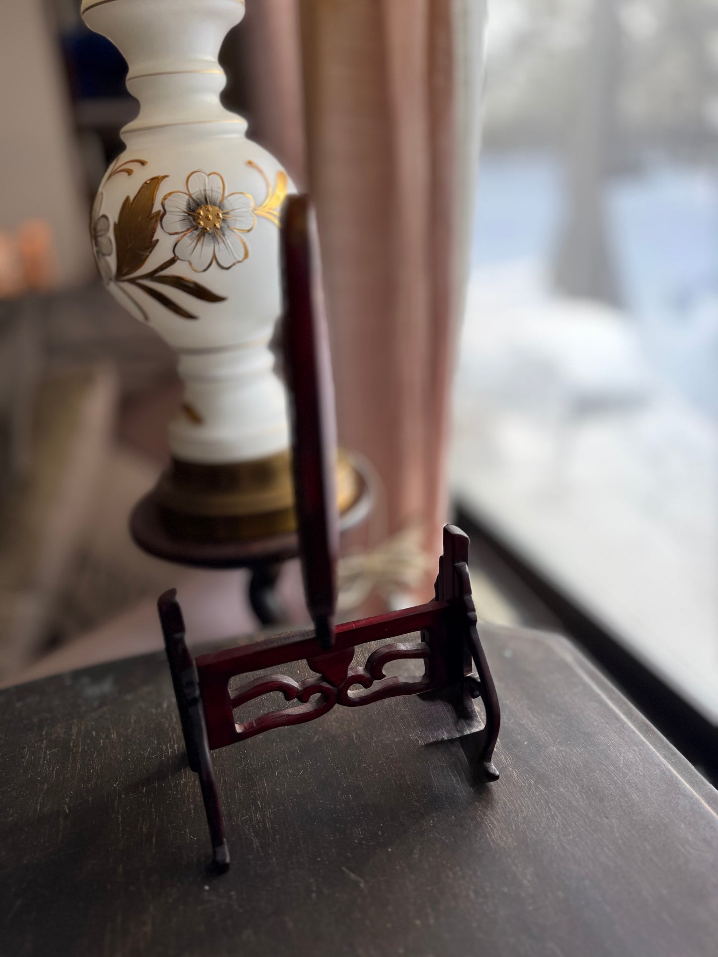 Double sided embroidered silk screens on ornate carved wood stands - priced individually