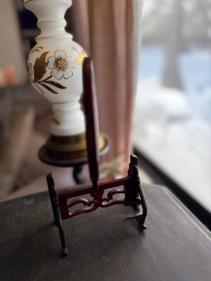 Double sided embroidered silk screens on ornate carved wood stands - priced individually