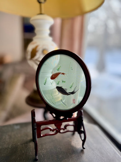 Double sided embroidered silk screens on ornate carved wood stands - priced individually