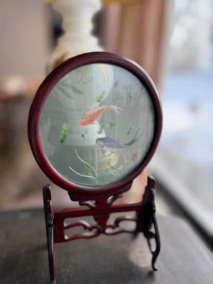 Double sided embroidered silk screens on ornate carved wood stands - priced individually