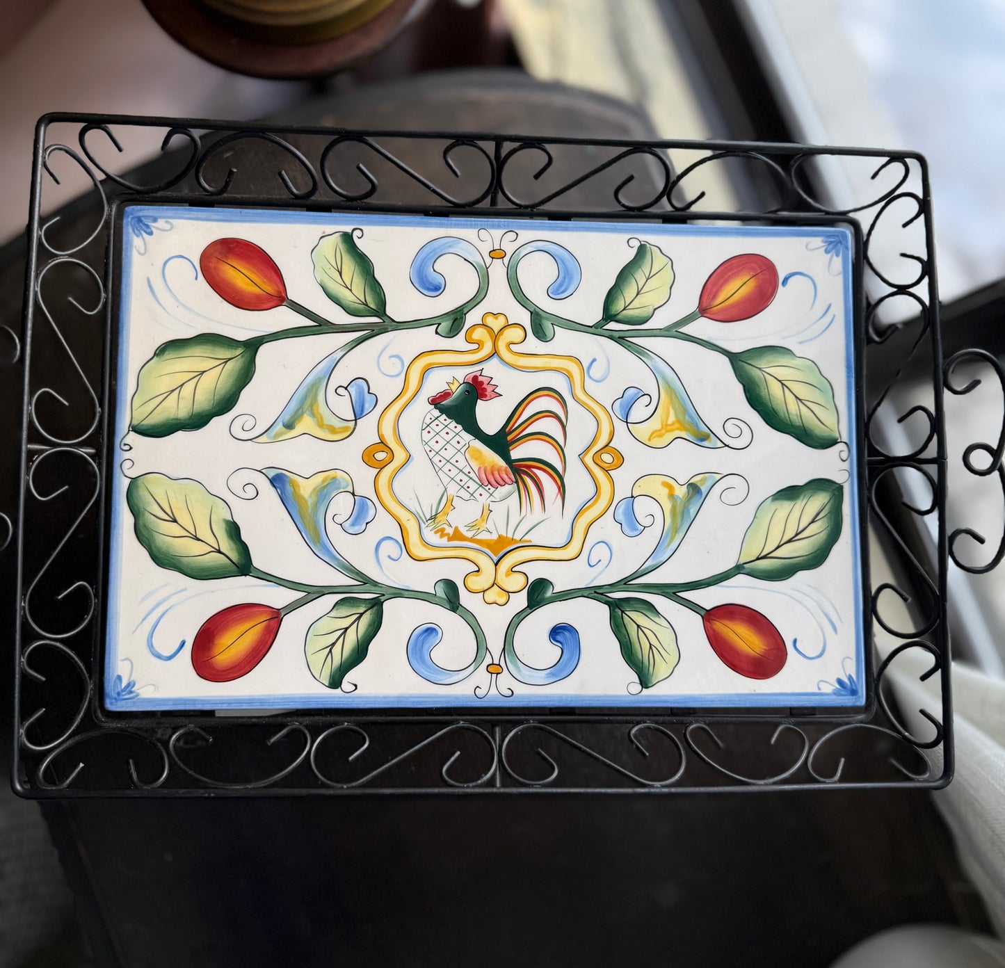Fitz & Floyd Ricamo Collection Ceramic Rooster Tile Tray