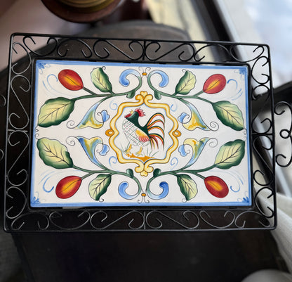 Fitz & Floyd Ricamo Collection Ceramic Rooster Tile Tray