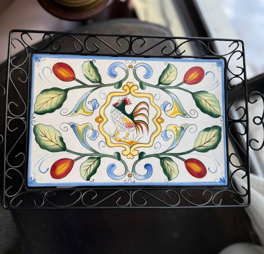 Fitz & Floyd Ricamo Collection Ceramic Rooster Tile Tray