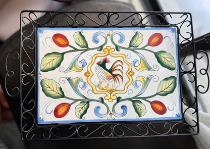 Fitz & Floyd Ricamo Collection Ceramic Rooster Tile Tray
