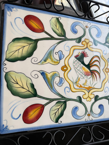 Fitz & Floyd Ricamo Collection Ceramic Rooster Tile Tray