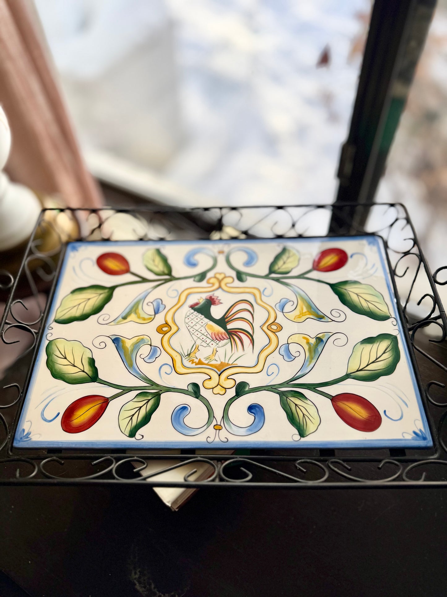 Fitz & Floyd Ricamo Collection Ceramic Rooster Tile Tray