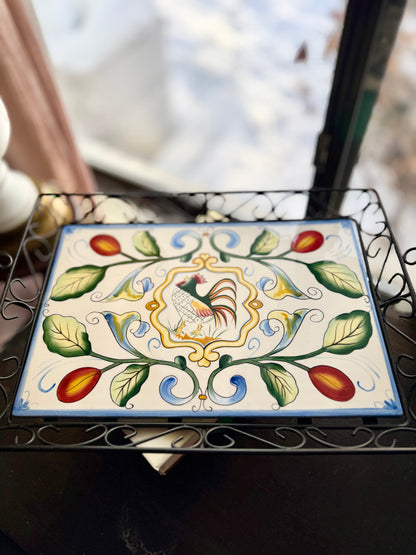 Fitz & Floyd Ricamo Collection Ceramic Rooster Tile Tray