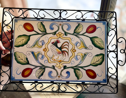Fitz & Floyd Ricamo Collection Ceramic Rooster Tile Tray