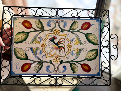 Fitz & Floyd Ricamo Collection Ceramic Rooster Tile Tray