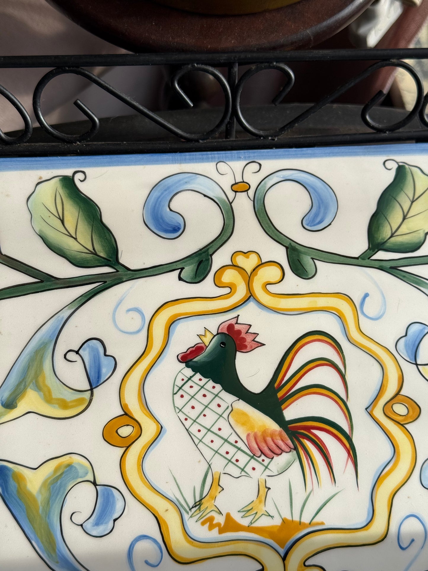 Fitz & Floyd Ricamo Collection Ceramic Rooster Tile Tray