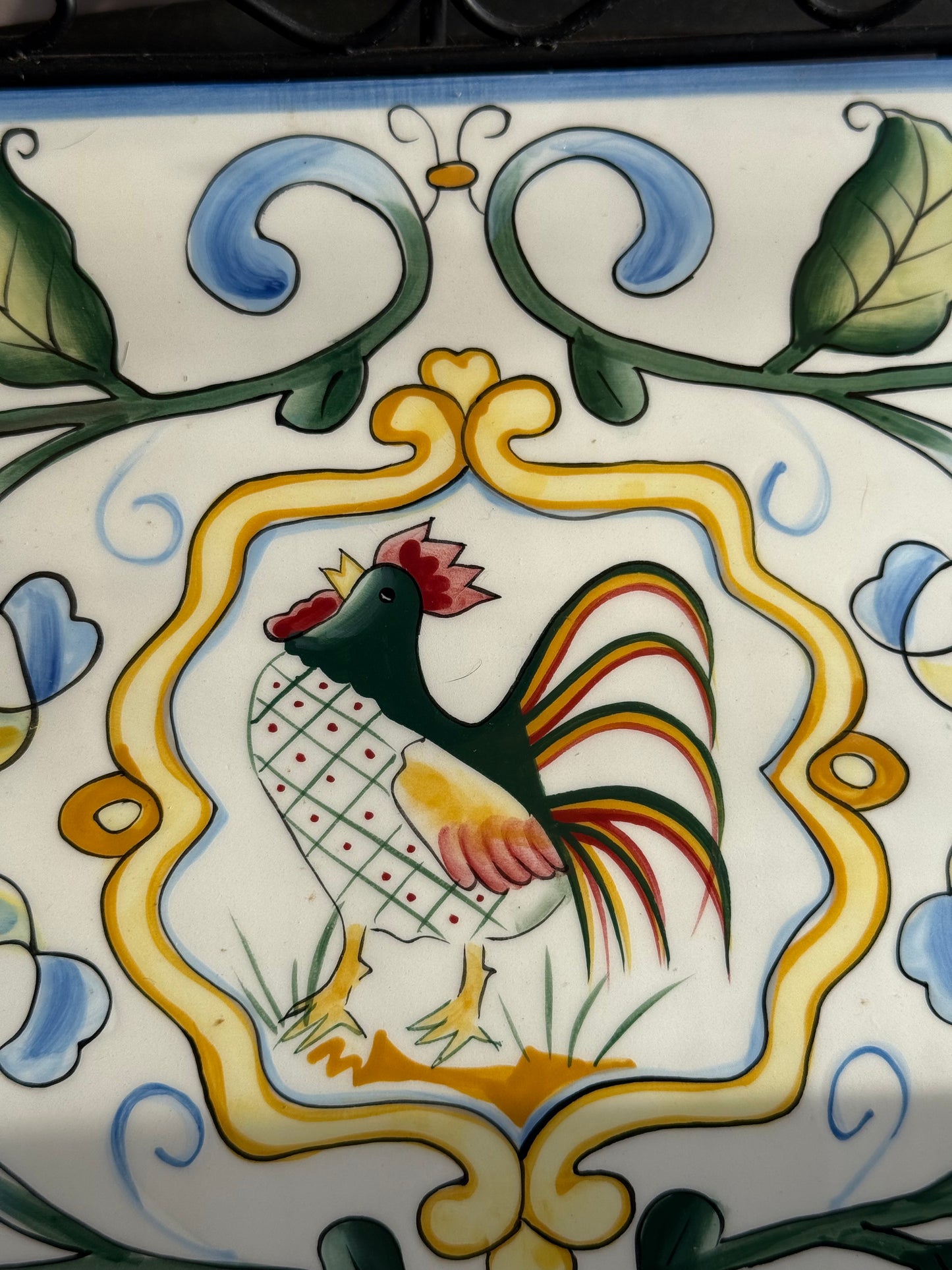 Fitz & Floyd Ricamo Collection Ceramic Rooster Tile Tray