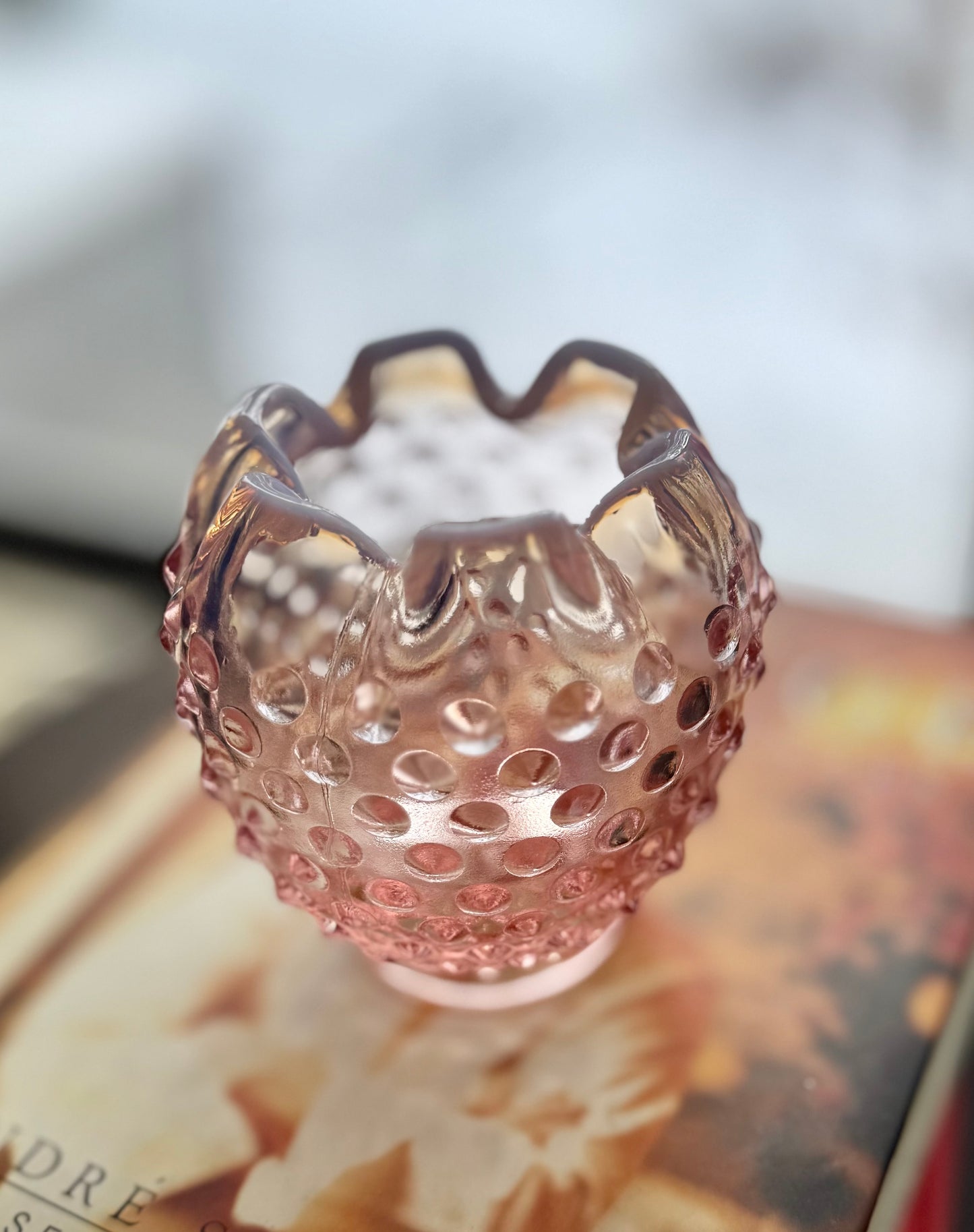 Fenton Hobnail pink to opalescent rose bowl accidental 1959-1963
